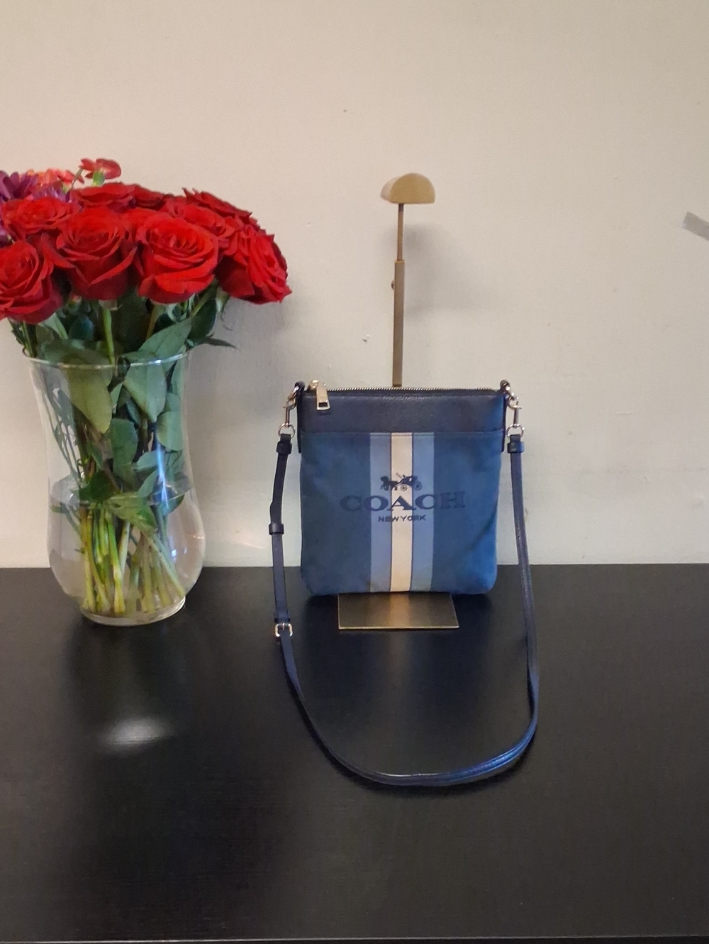 Coach Navy Blue Varsity Crossbody with Cream and Tan Stripe Denim